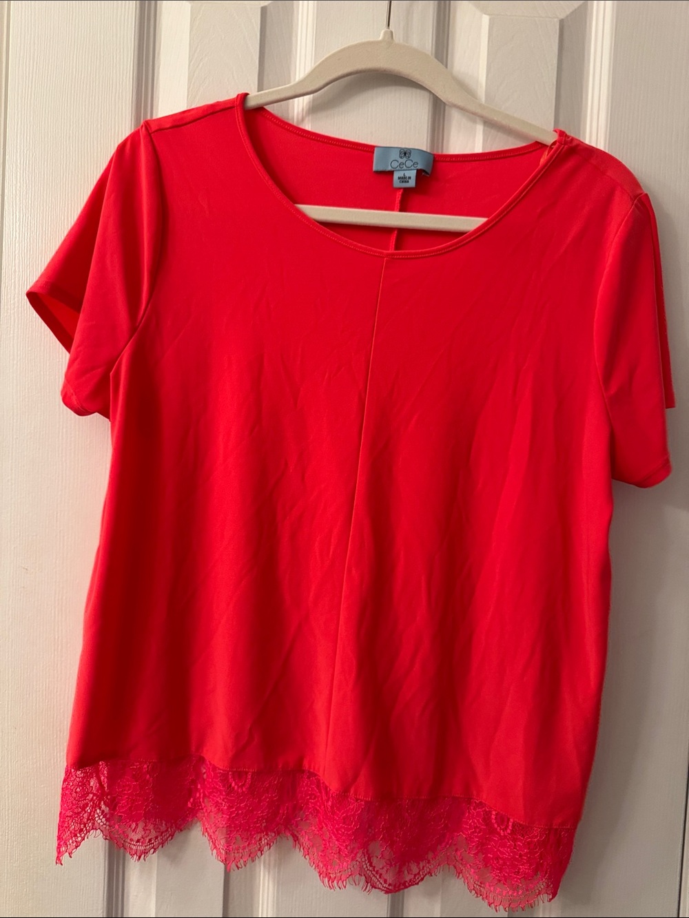 CeCe Bright Red Short Sleeve Top with Lace Hem